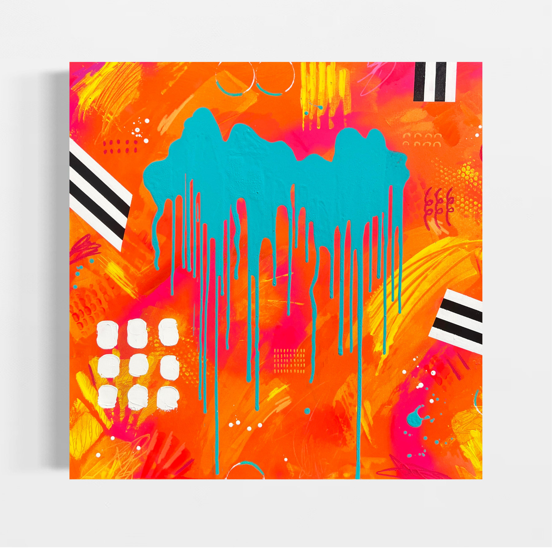 Large colourful abstract painting with orange, pink and turquoise drips – Turn Up The Heat by Emily Abstract