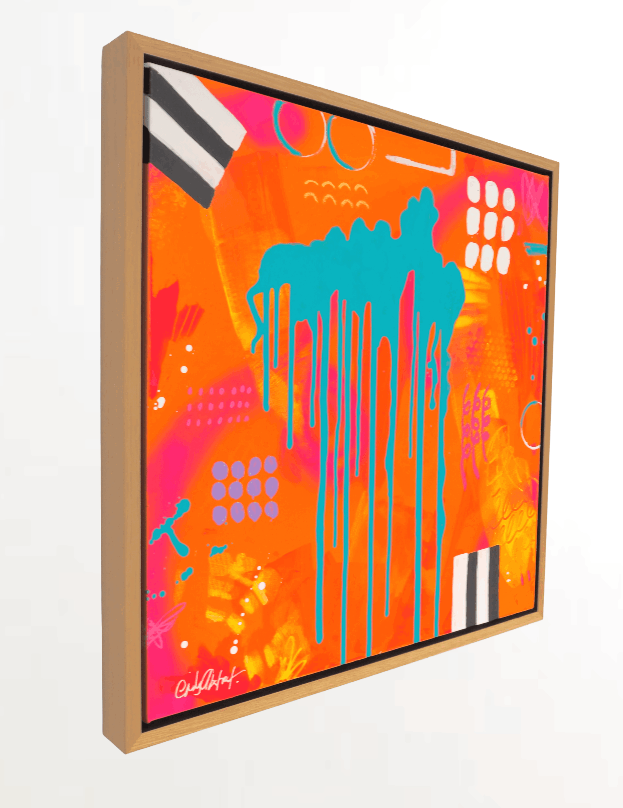 Orange and turquoise abstract wall art framed in oak wood frame