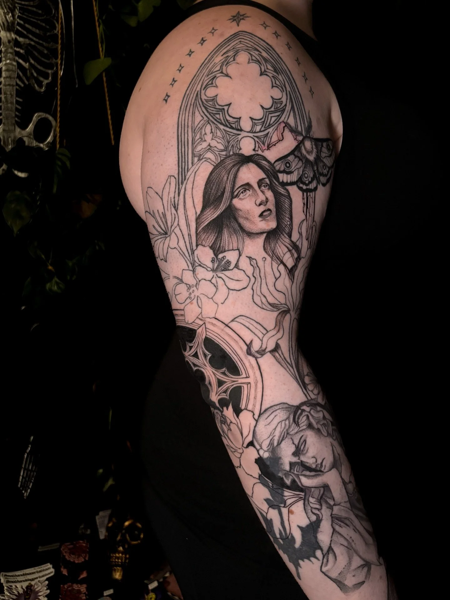 Thank you to my darling for allowing me to continue on this full sleeve for her. I&rsquo;m so excited to keep going and build on it. Sorry about your elbow 🖤🕸️ I love you. 

BOOKING NOVEMBER/DECEMBER &bull; DM or use the booking form to book. The g