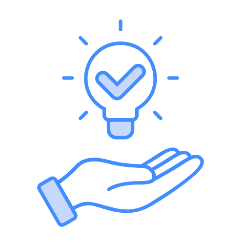 A hand holding a light bulb with a check mark inside, symbolizing an idea or innovation.