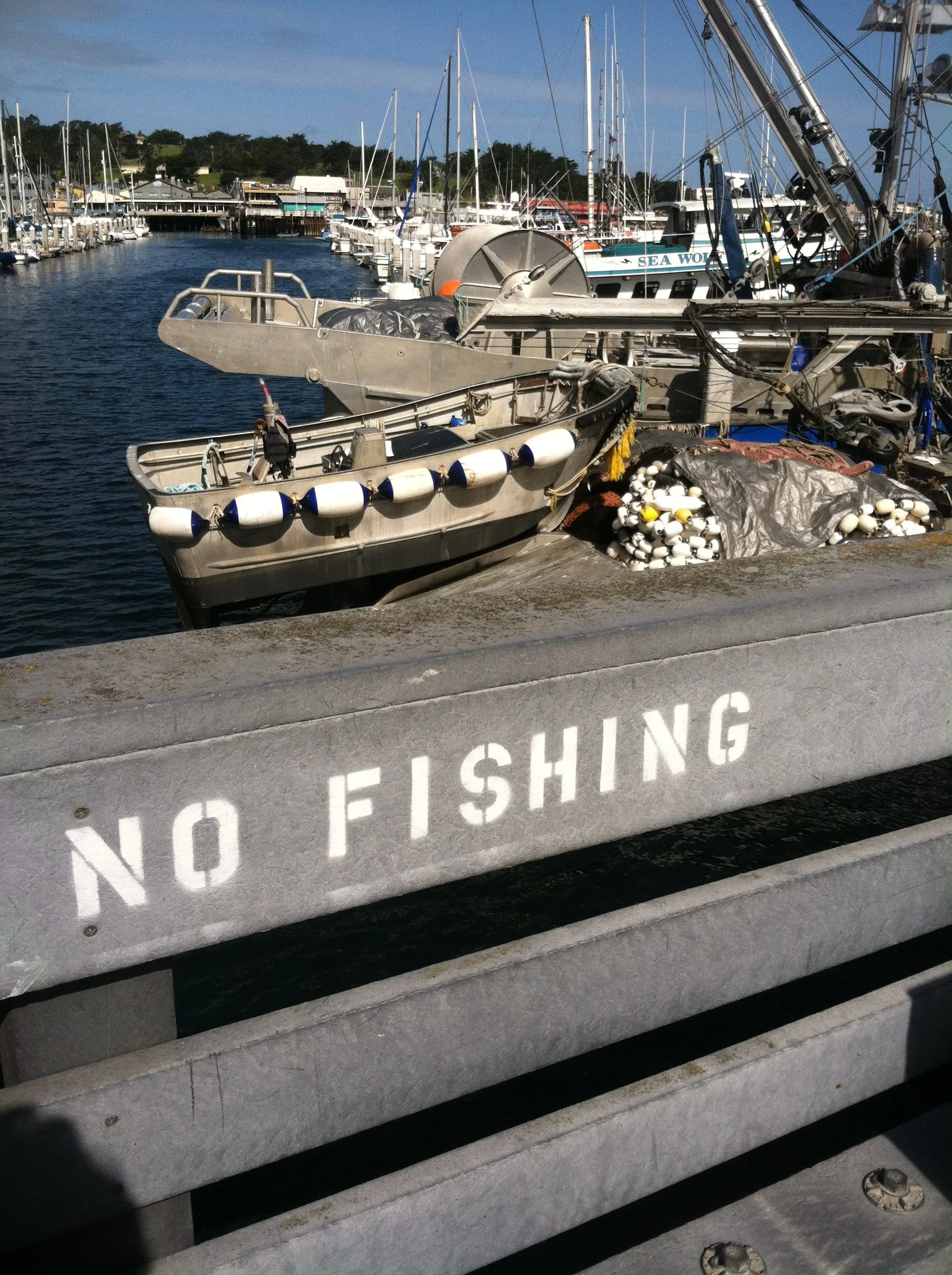 A marina with boats docked, including a small boat with white and blue fenders tied along its side. In the foreground, a concrete barrier has a warning painted on it that says 'NO FISHING'.