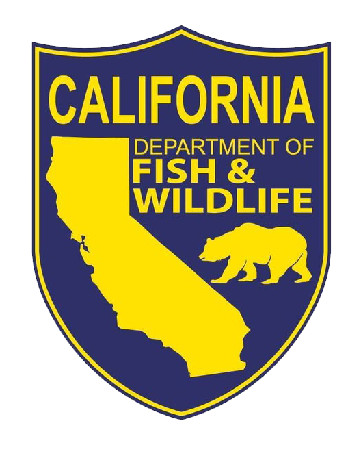 California Department of Fish & Wildlife emblem with a yellow outline of the state and a bear, set against a blue background.