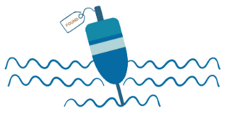 An illustration of a crab buoy with a found tag and blue waves.