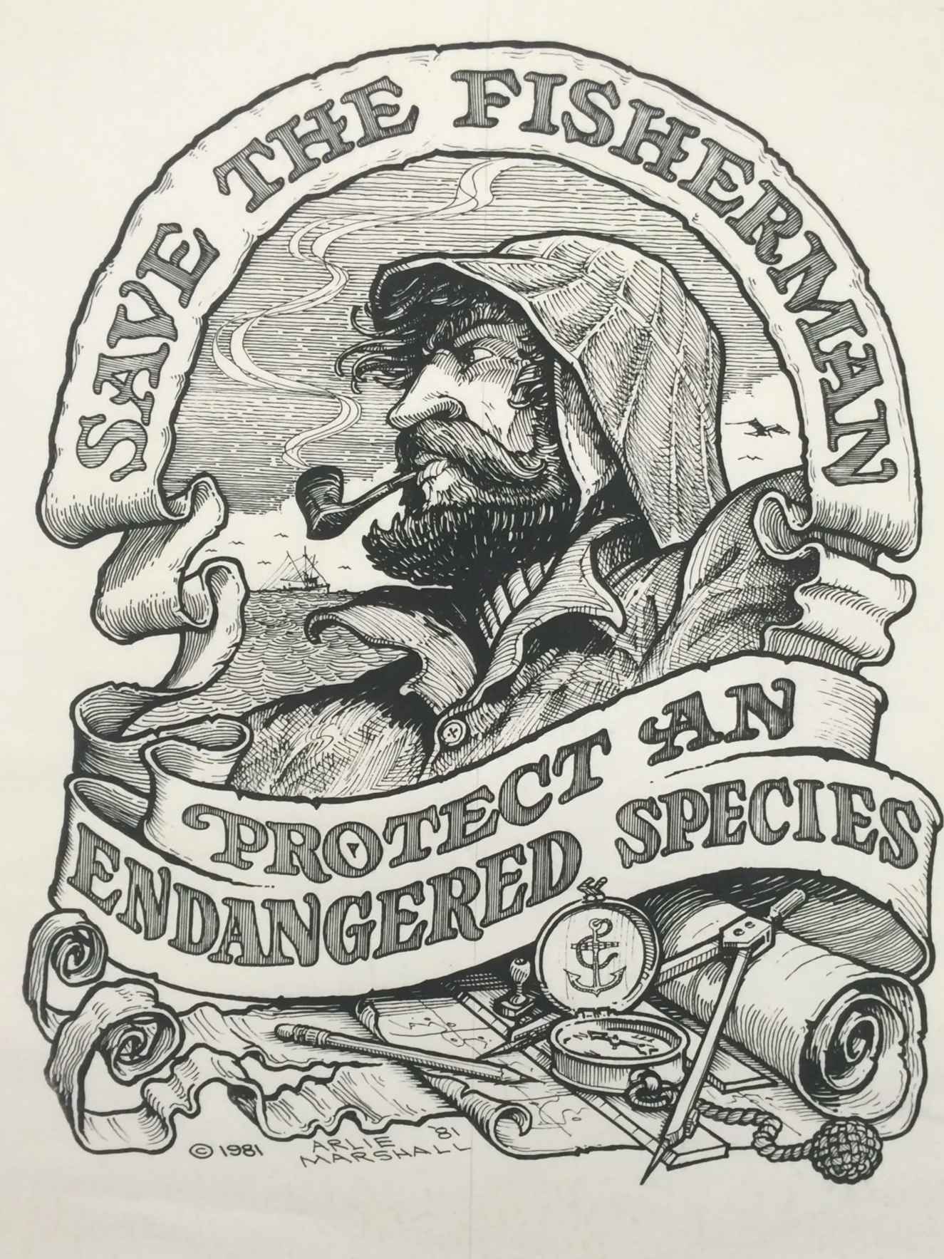 Illustration of a bearded sailor with a pipe, surrounded by a banner that says 'Save the Fishermen, Protect and Endangered Species.' Below are nautical objects like a compass, a map, and an anchor.