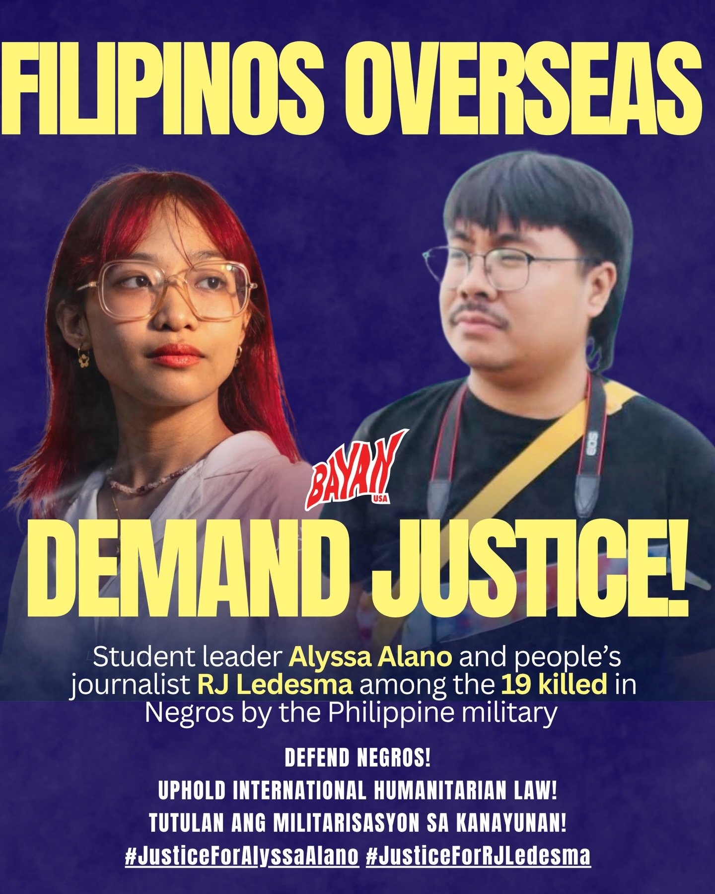 🗣️ Filipinos overseas demand justice for Student leader Alyssa Alano and people&rsquo;s journalist RJ Ledesma among the 19 killed in Negros by the Philippine military 

🌏On Earth Day, we recognize that the true defenders of people and planet are pe