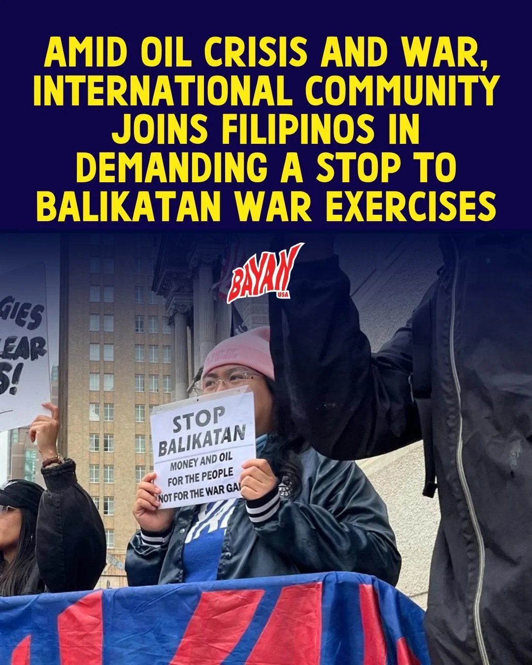 ‼️Amid oil crisis and war, international community joins Filipinos in demanding a Stop to Balikatan War Exercises! 

🪖Scheduled for April 20, the Philippines will begin the opening ceremony for the Balikatan War Exercises &mdash;involving more than 