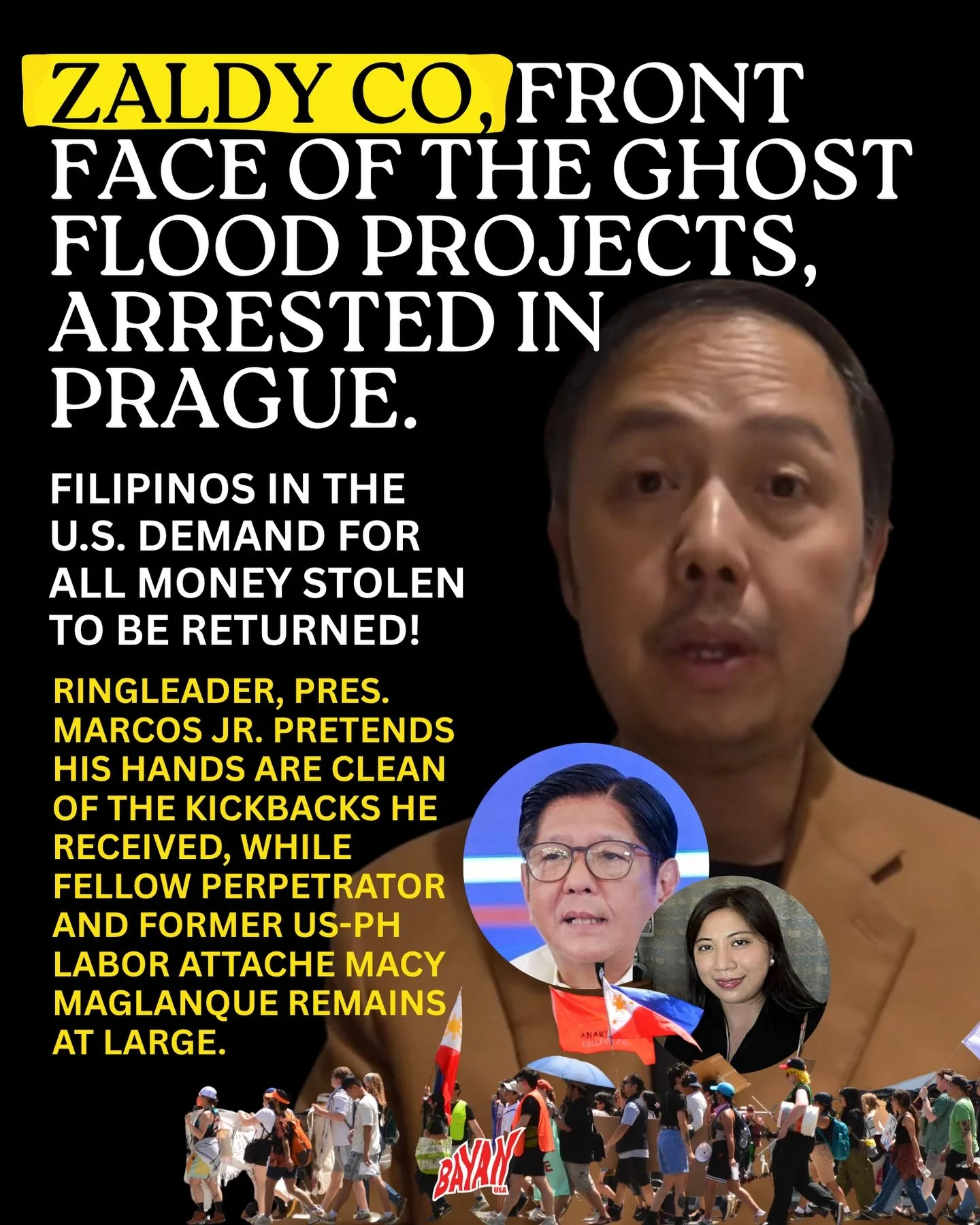 🔒 Zaldy Co, front face of the ghost flood projects, arrested in Prague. 
✊🏼Filipinos in the U.S. demand for all money stolen to be returned!

🔻True ring leader, Pres. Marcos Jr. pretends his hands are clean of the kick backs he received, while fel