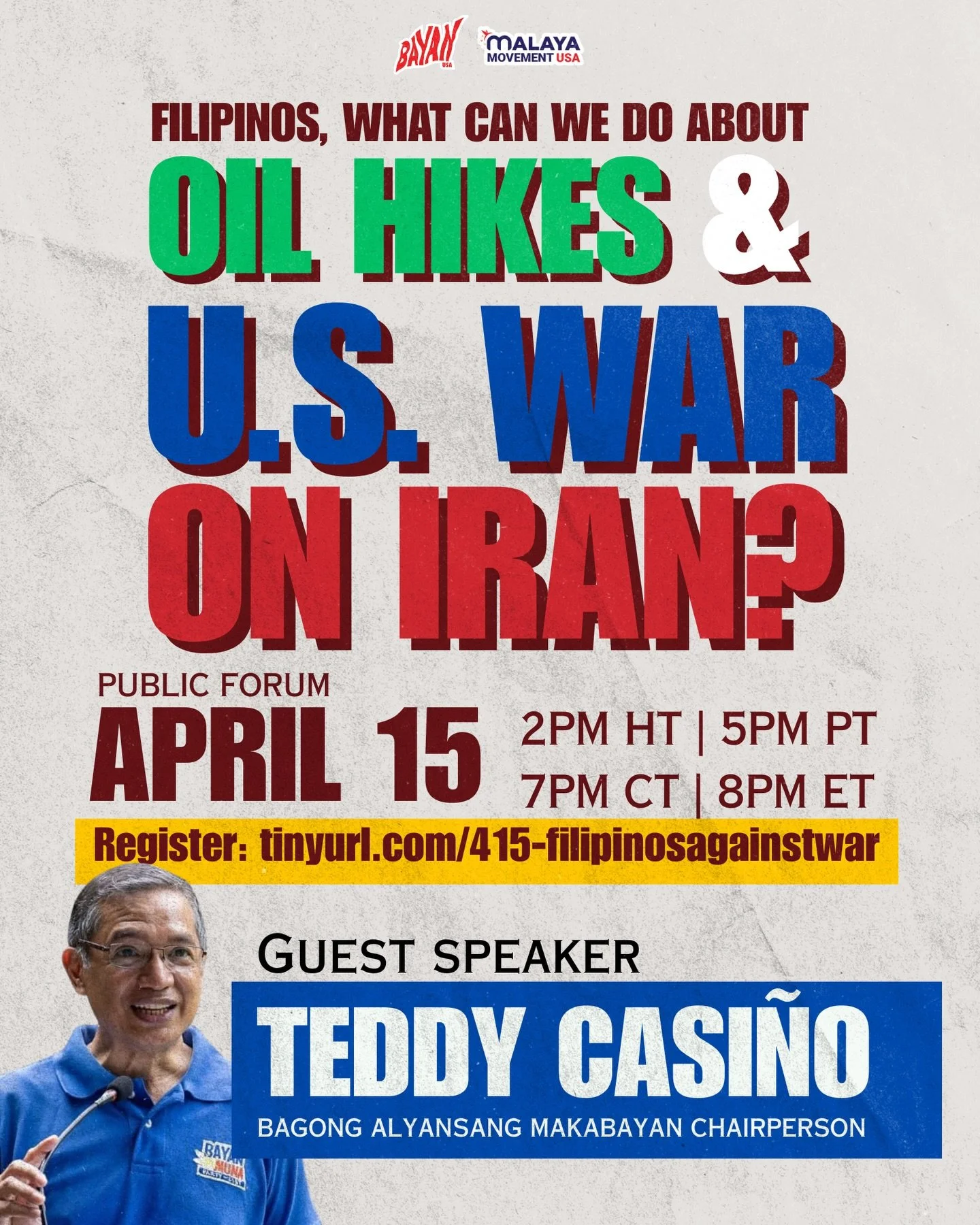 ‼️Kapayapaan at Kabuhayan, Hindi Gera! (Peace and Livelihood, Not War!) 

🗣️Join us today with guest speaker Teddy Casi&ntilde;o, Chairperson of BAYAN to learn more about what is happening in the Middle East in the midst of Trump&rsquo;s hostile war
