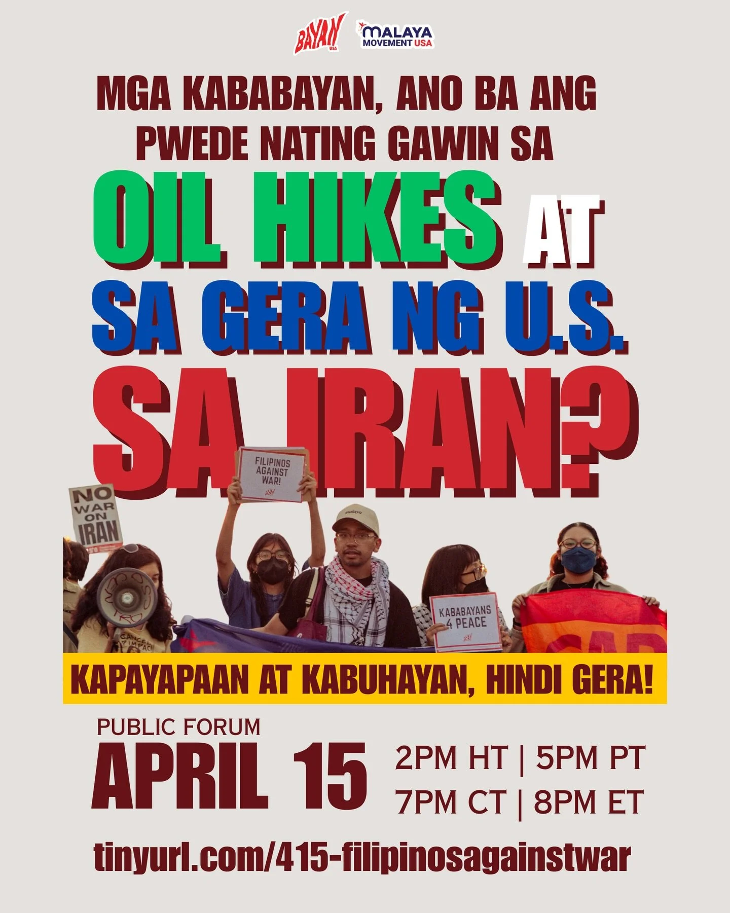 ‼️Kapayapaan at kabuhayan, hindi gera! (Peace and Livelihood, Not War!)

🗣️Join us to learn more about what is happening in the Middle East in the midst of Trump&rsquo;s hostile war and discuss what we as Filipinos in the U.S. can do in response. 

