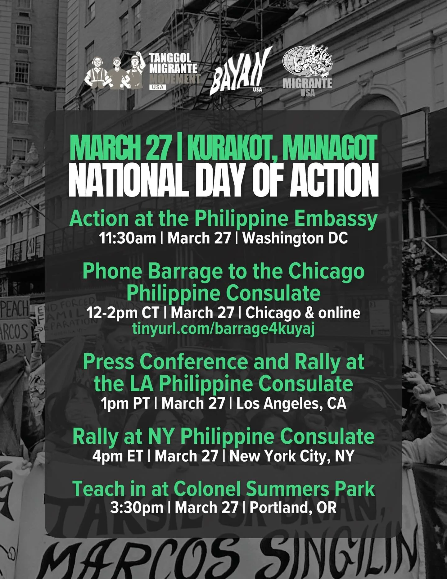 🚨 MARCH 27: NATIONAL DAY OF ACTION 🚨 
📣 KURAKOT, MANAGOT! IKULONG MGA KURAKOT! 📣 

Take part in actions all across the country tomorrow to amplify the demands of Filipinos all across the U.S and all over the world! Hold government officials accou