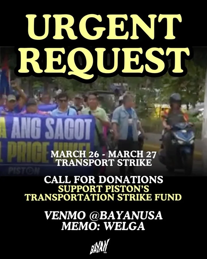 ‼️URGENT REQUEST

🗣️CALL FOR DONATIONS: Support PISTON&rsquo;s Transportation Strike Fund! 

🔻From March 26-27, the No To Oil Price Hike Coalition will be launching transport strikes across the Philippines to demand an adequate government response 