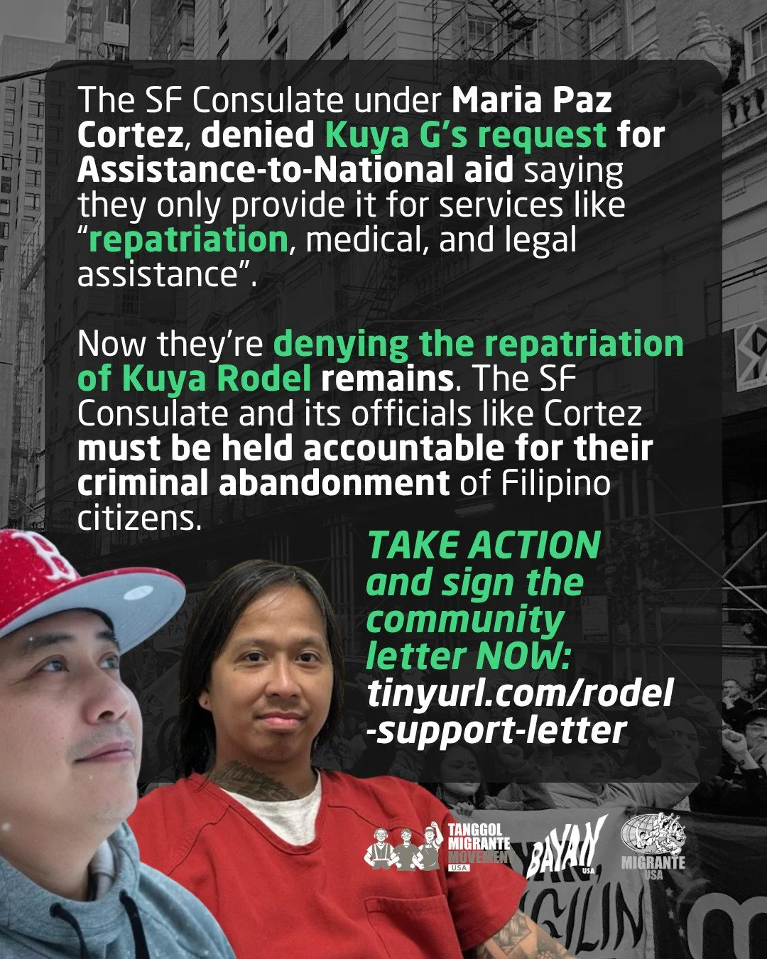 Services, Aid and Protection for Overseas Filipino Workers and the Filipino people! 

The SF Consulate under Maria Paz Cortez, denied Kuya G&rsquo;s request for Assistance-to-National aid saying they only provide it for services like &ldquo;repatriat