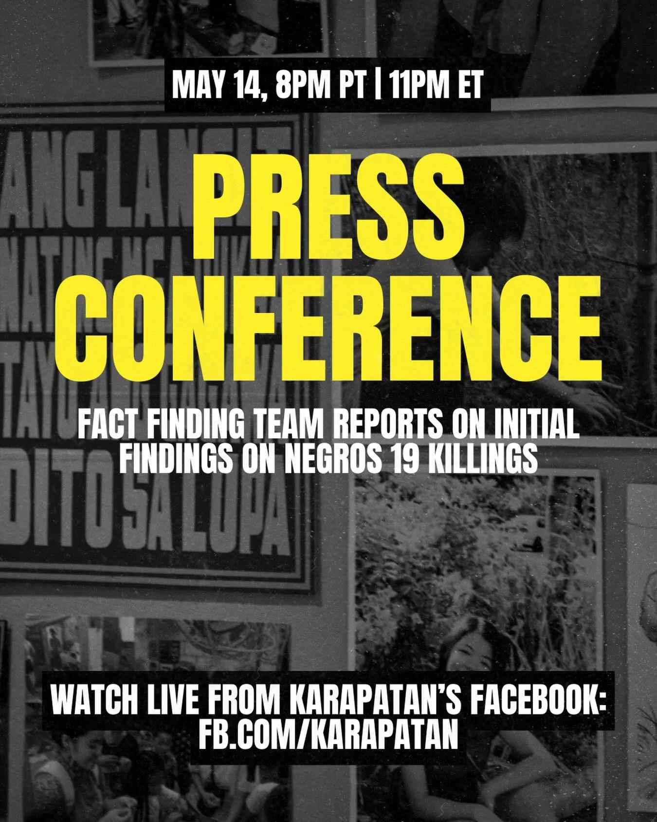 PRESS CONFERENCE TODAY: Fact finding team reports on initial findings on Negros 19 killings
May 14, 2026 | Thursday | 8:00PM PT / 11:00PM ET

Human rights groups, peasant advocates, people&rsquo;s lawyers, and international solidarity organizations w