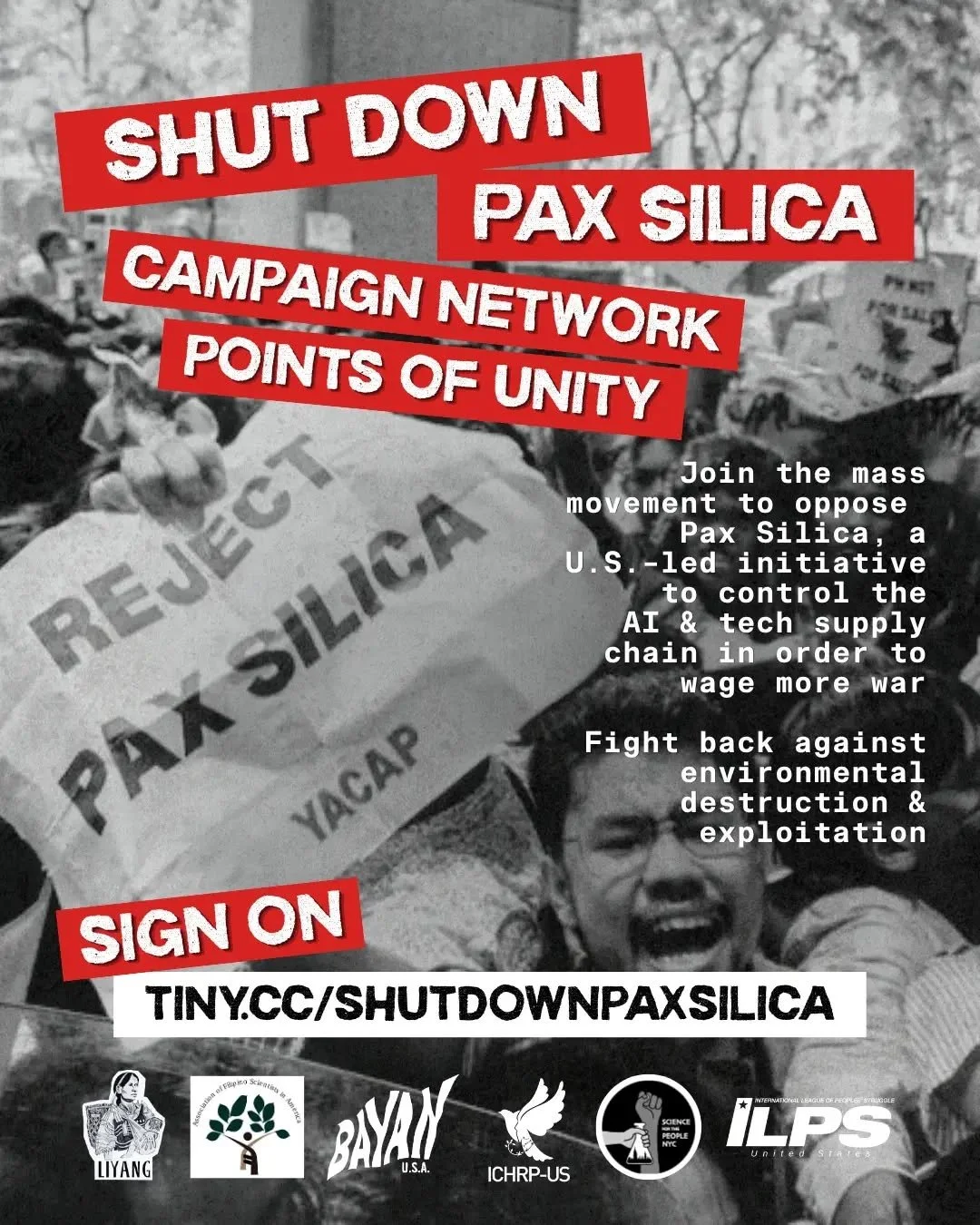 🚨 SHUT DOWN PAX SILICA CAMPAIGN NETWORK POINTS OF UNITY! 🚨 

Join the mass movement to oppose Pax Silica, a US-led initiative to control the AI &amp; tech supply chain in order to wage more war. Fight back against environmental destruction &amp; ex