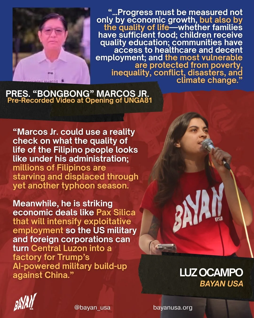‼️ Luz Ocampo of BAYAN USA on Bong Bong Marcos Jr.&rsquo;s Video at the Opening of the UN General Assembly 81:

🗣️ &ldquo;Marcos Jr. could use a reality check on what the quality of life of the Filipino people looks like under his administration; mi