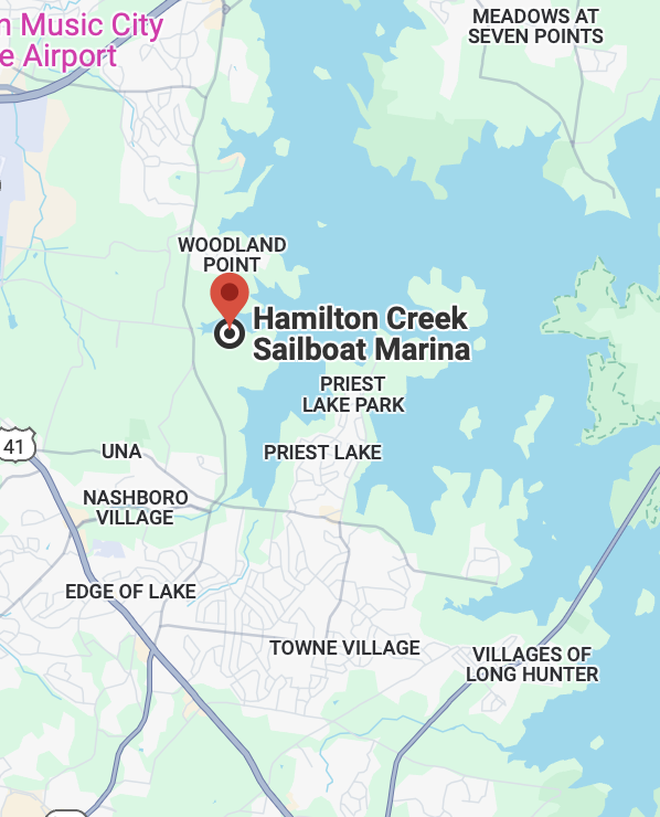 Map showing the location of Hamilton Creek Sailboat Marina near Priest Lake, with nearby areas including Woodland Point, Meadows at Seven Points, Nabshoro Village, Edge of Lake, Towne Village, Villages of Long Hunter, and the general water body surrounding the marina in Tennessee.
