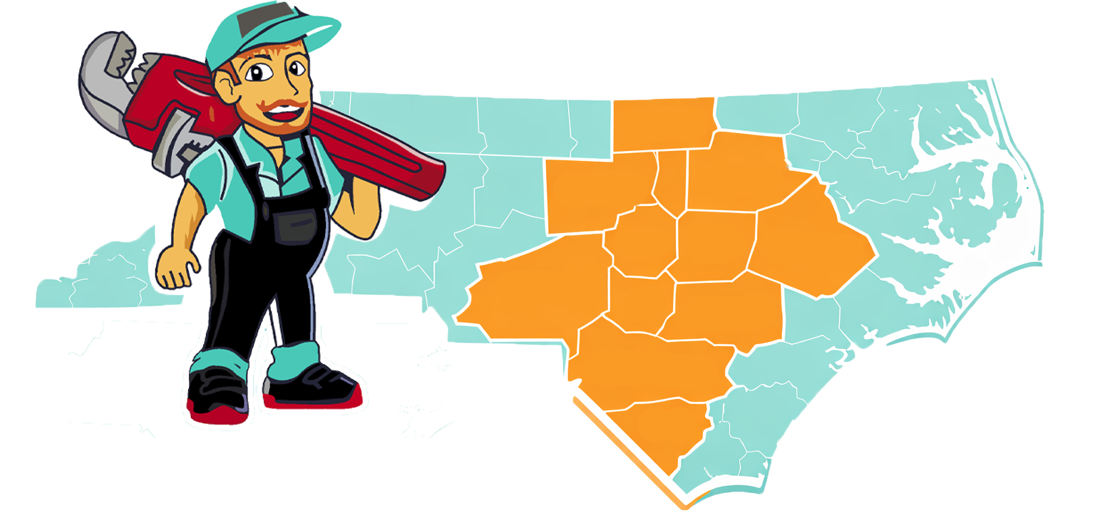 Illustration of a cartoon character holding a tool, standing in front of a map of North Carolina with some counties shaded in orange.