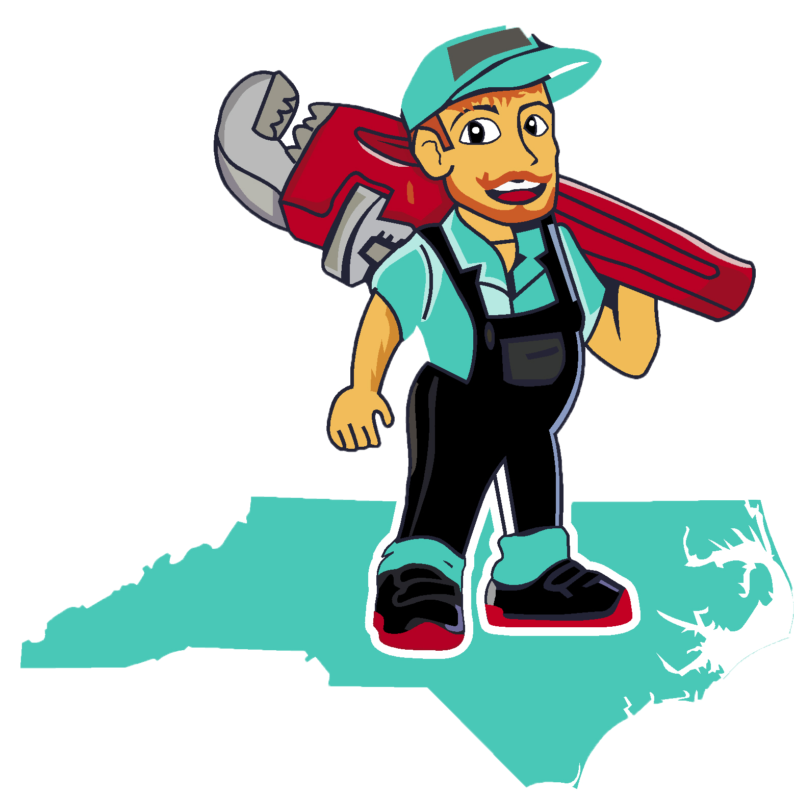 Meldin's Plumbing Mascot of a cartoon man with a large red wrench and overalls.