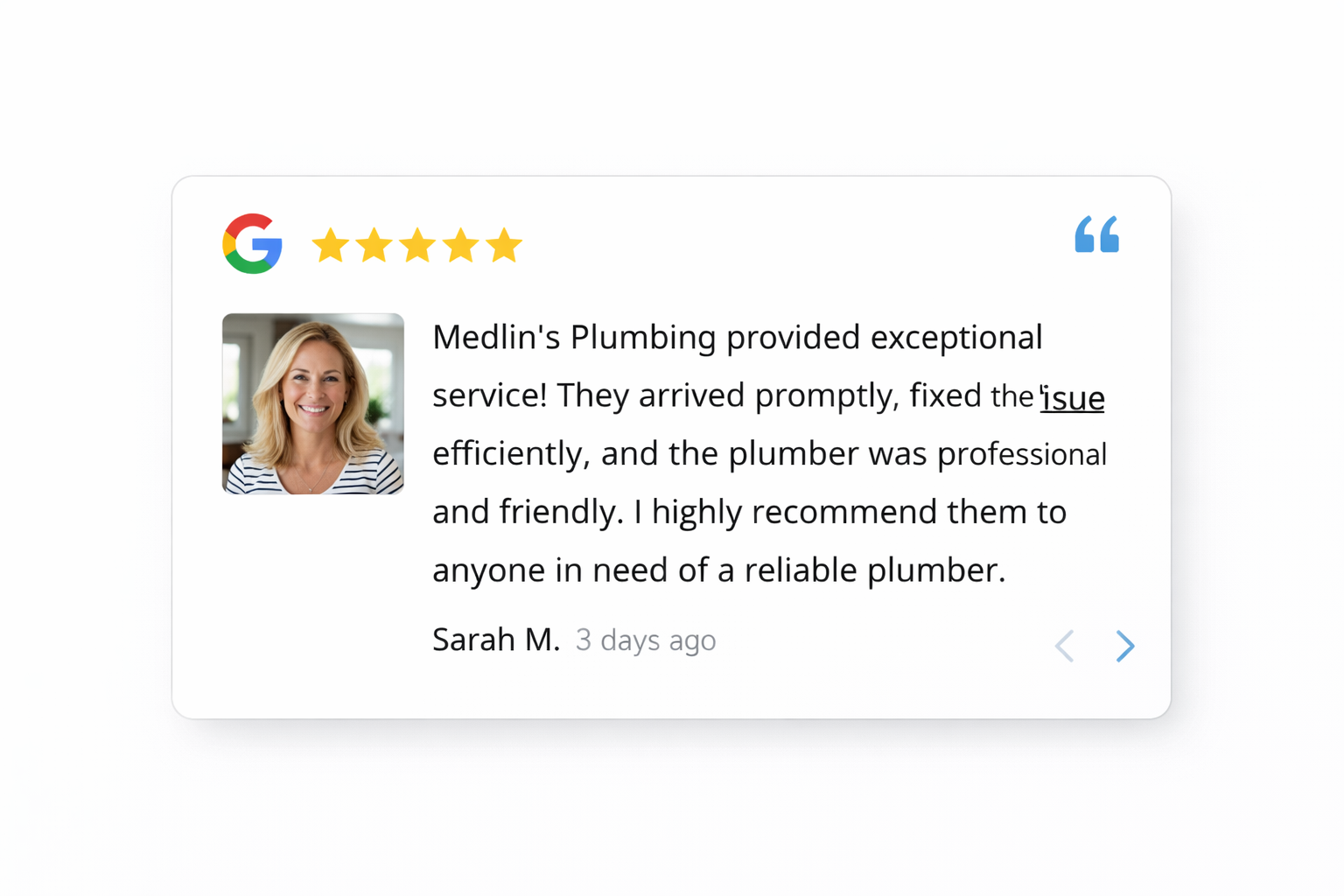 Google five-star review for Medlin's Plumbing featuring a woman with blonde hair smiling, with a quote about excellent service from Sarah M. posted three days ago.