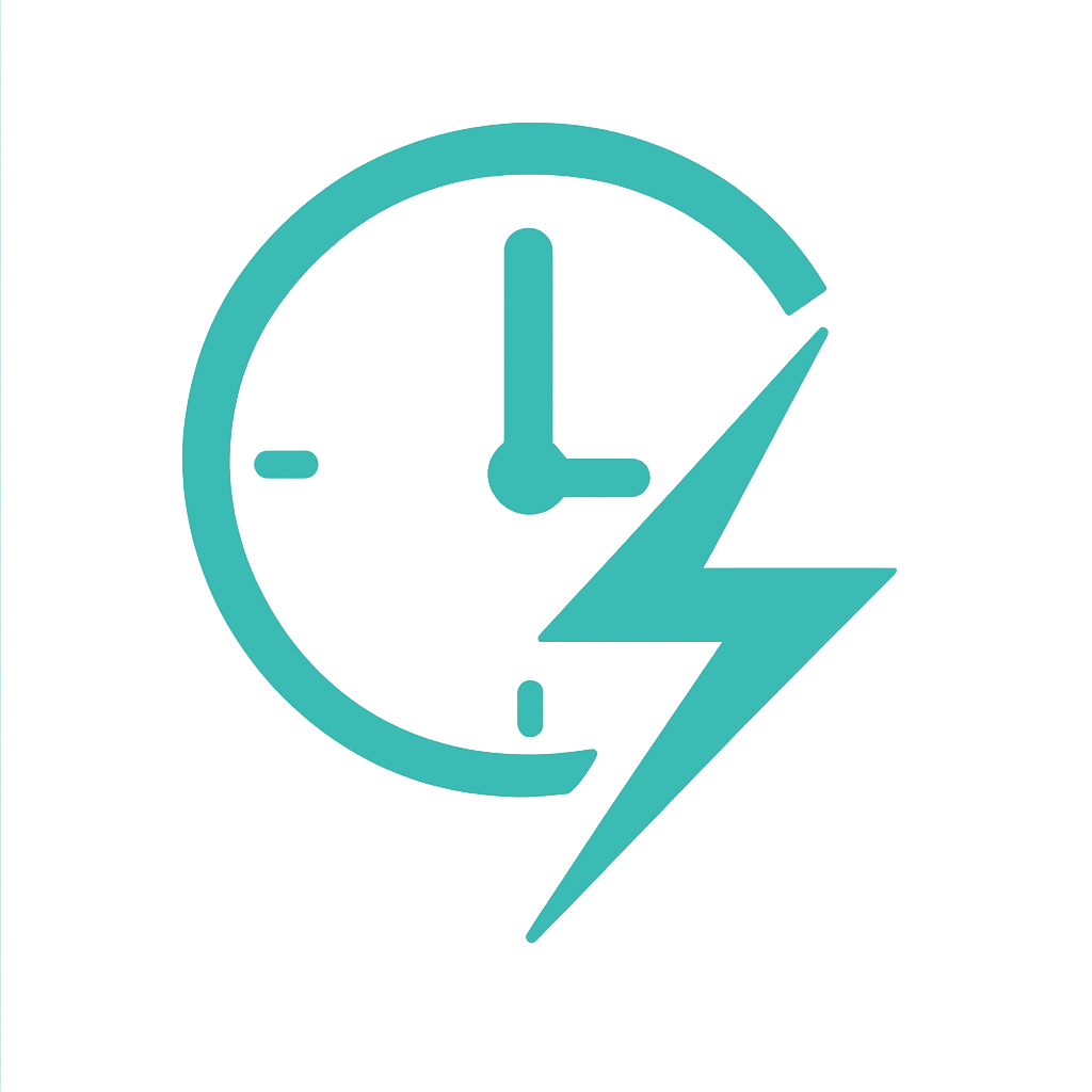 Clock with a lightning bolt symbol in front of it, indicating fast service.