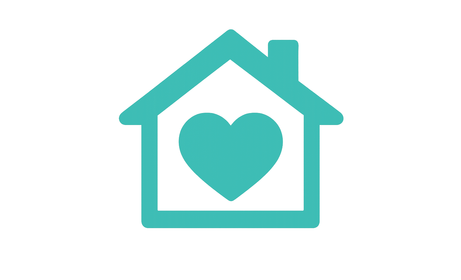 Logo of a house with a heart inside, symbolizing home care or love for home.