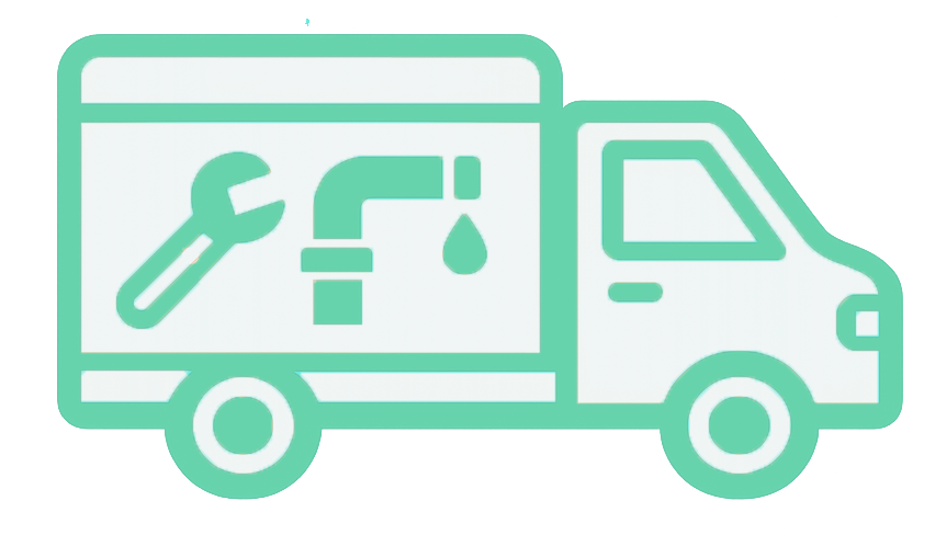 Illustration of a service truck with tools and water leak repair symbols on the side.