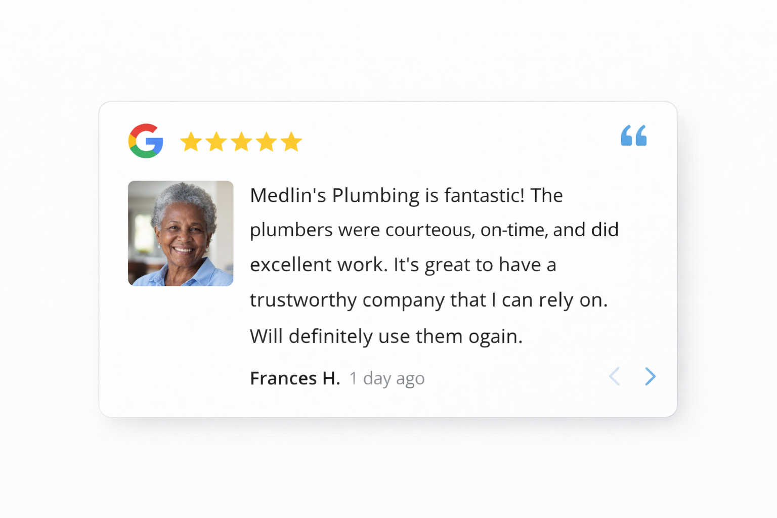 Google review from Frances H. praising Medlin's Plumbing with a five-star rating. Contains a photo of a smiling older woman with gray hair, yellow star icons, and navigation arrows.