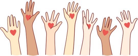 Illustration of diverse raised hands with hearts on palms