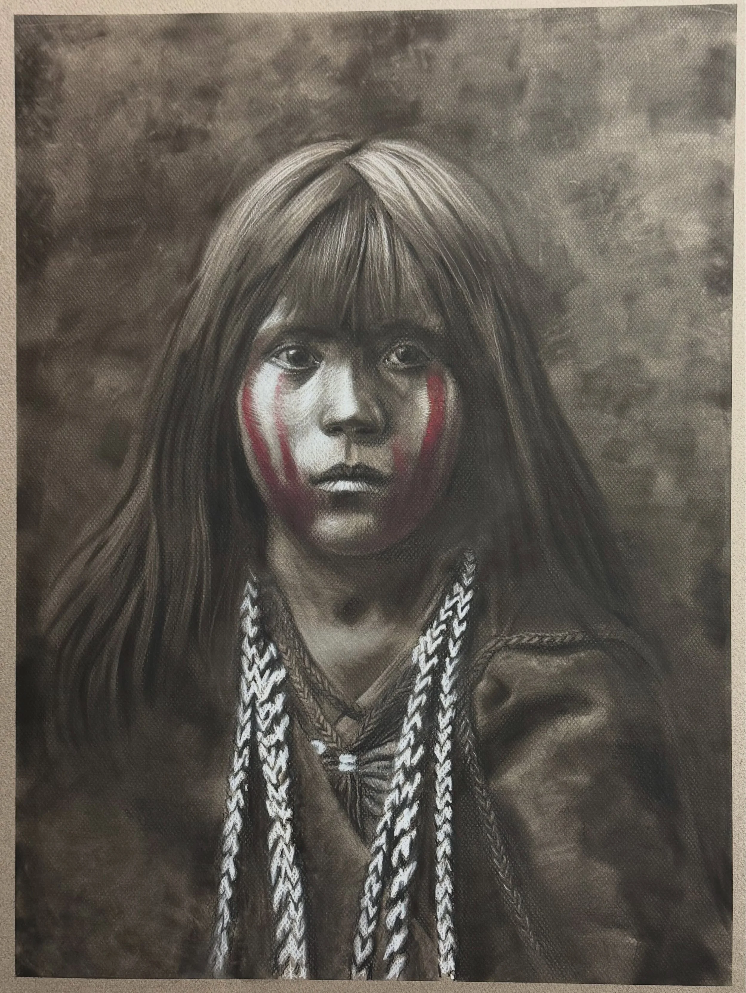Charcoal, white pencil, and pastel. Based on Mosa - Mohave, a a photographic portrait from Edward S. Curtis (1904) 

#charcoalart #portraits