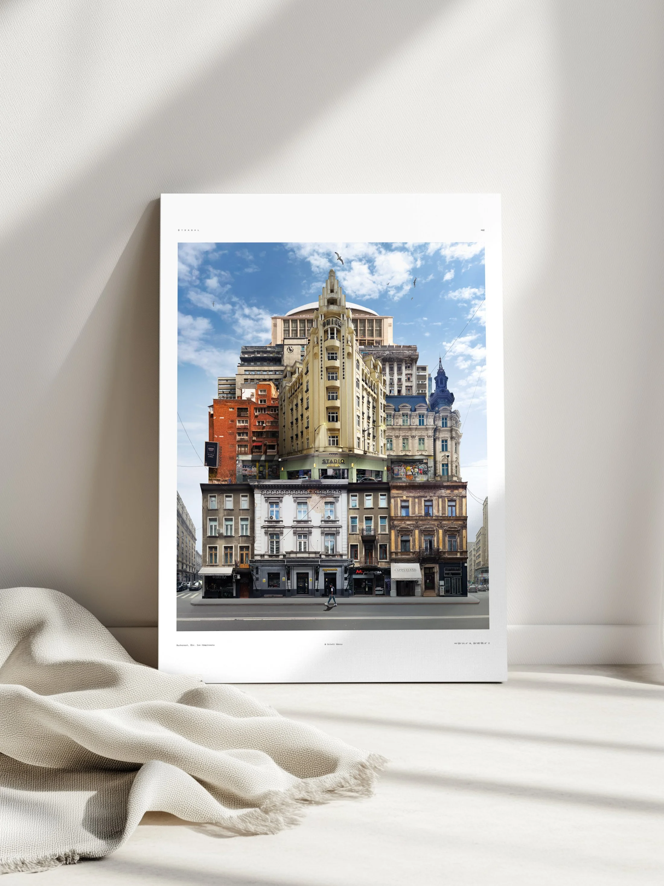 A vertical art print depicting a building structure composed of various architectural styles stacked on top of each other, set against a blue sky with clouds and flying birds.