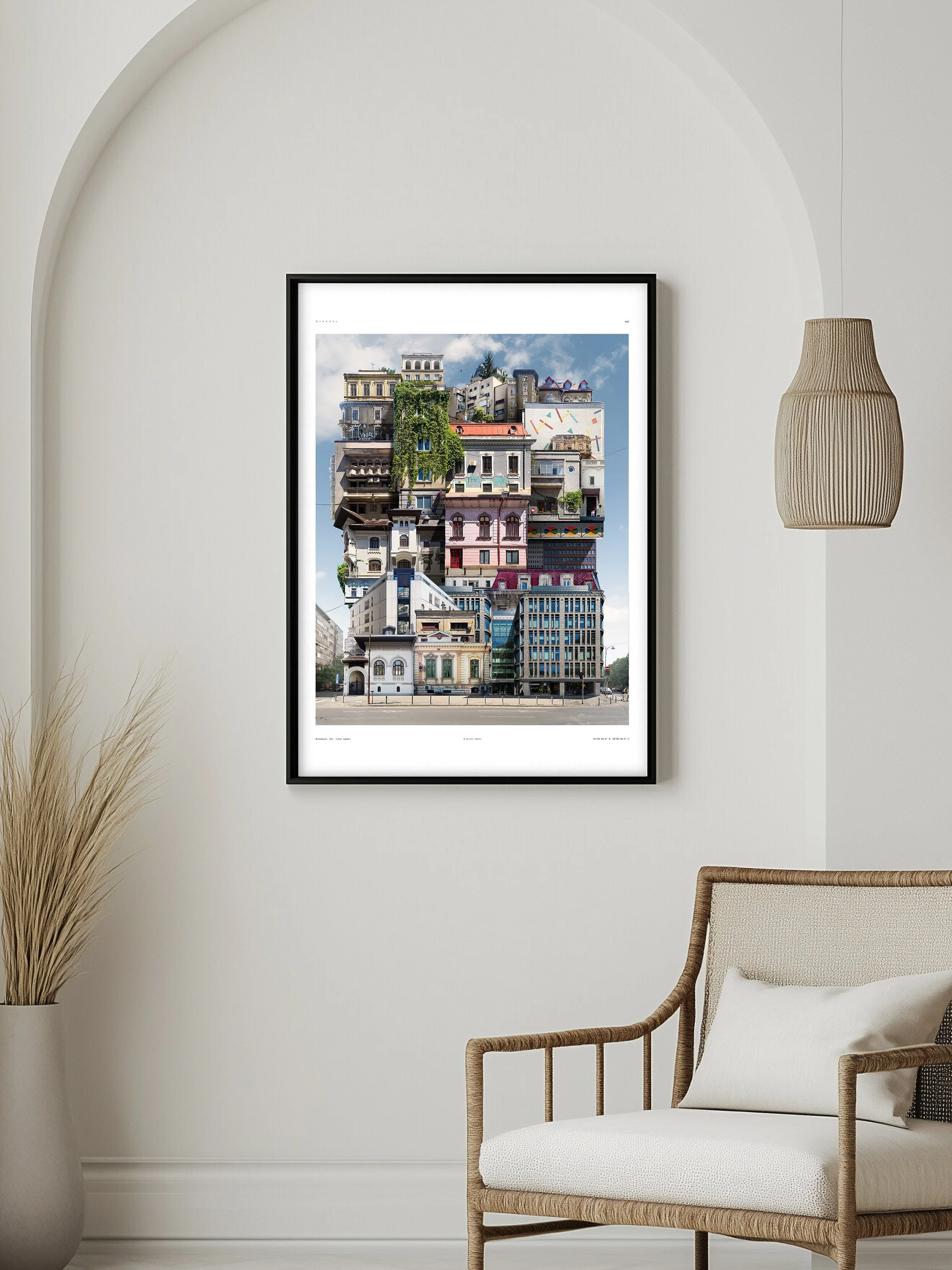 Artwork of a building with multiple layered, mismatched architectural styles and colorful facades, displayed on a white wall in a modern living room.