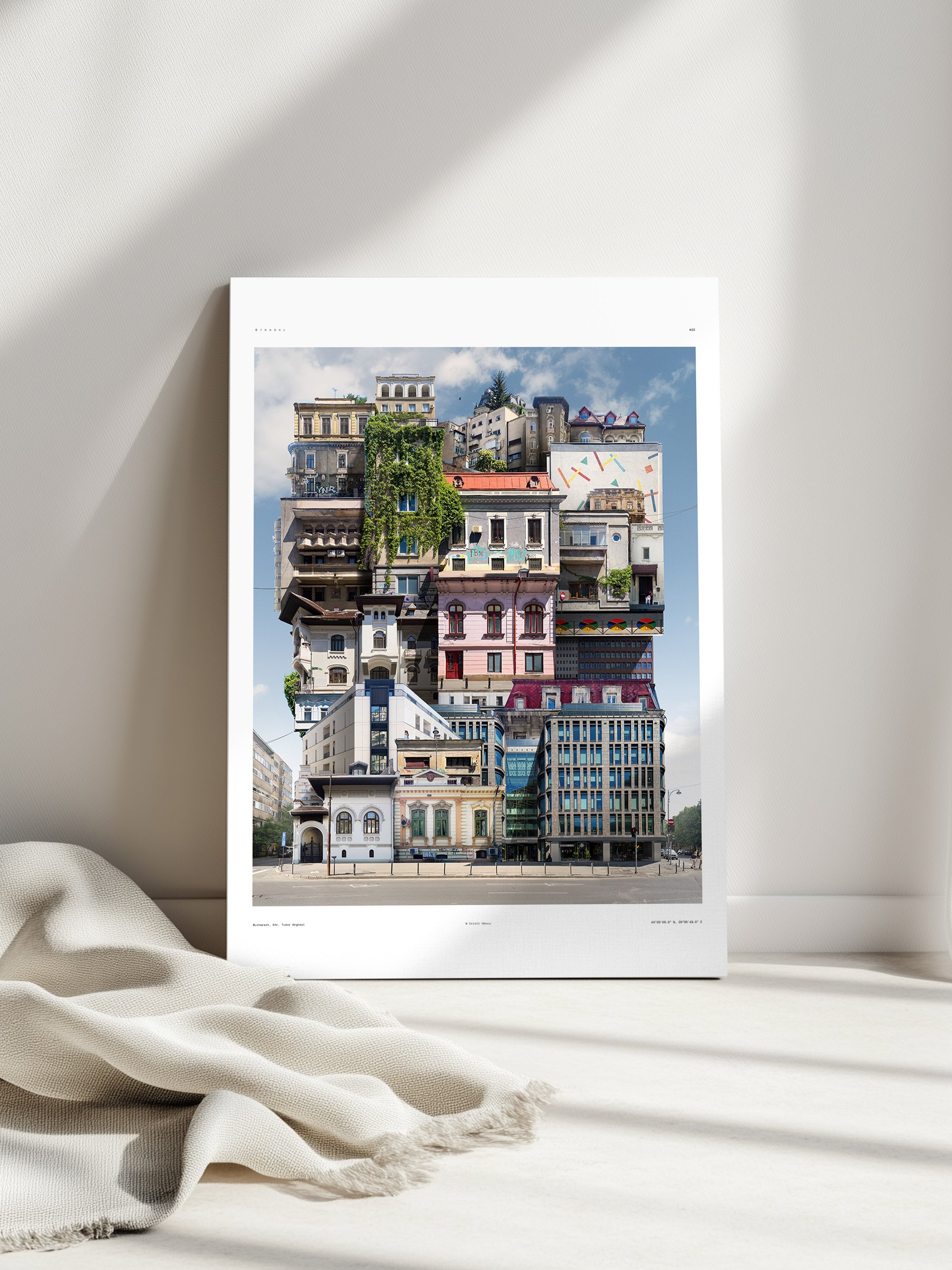 A photograph of a building with multiple architectural styles stacked vertically, resembling a skyscraper, with a clear sky in the background.