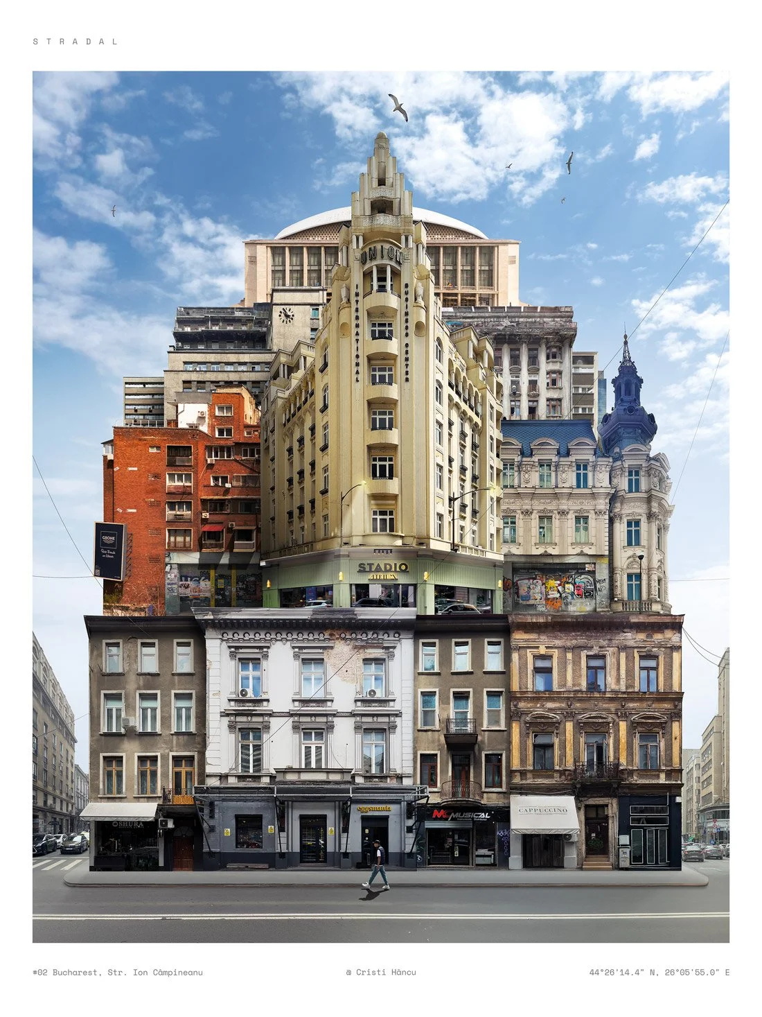 A vertical art print depicting a building structure composed of various architectural styles stacked on top of each other, set against a blue sky with clouds and flying birds.