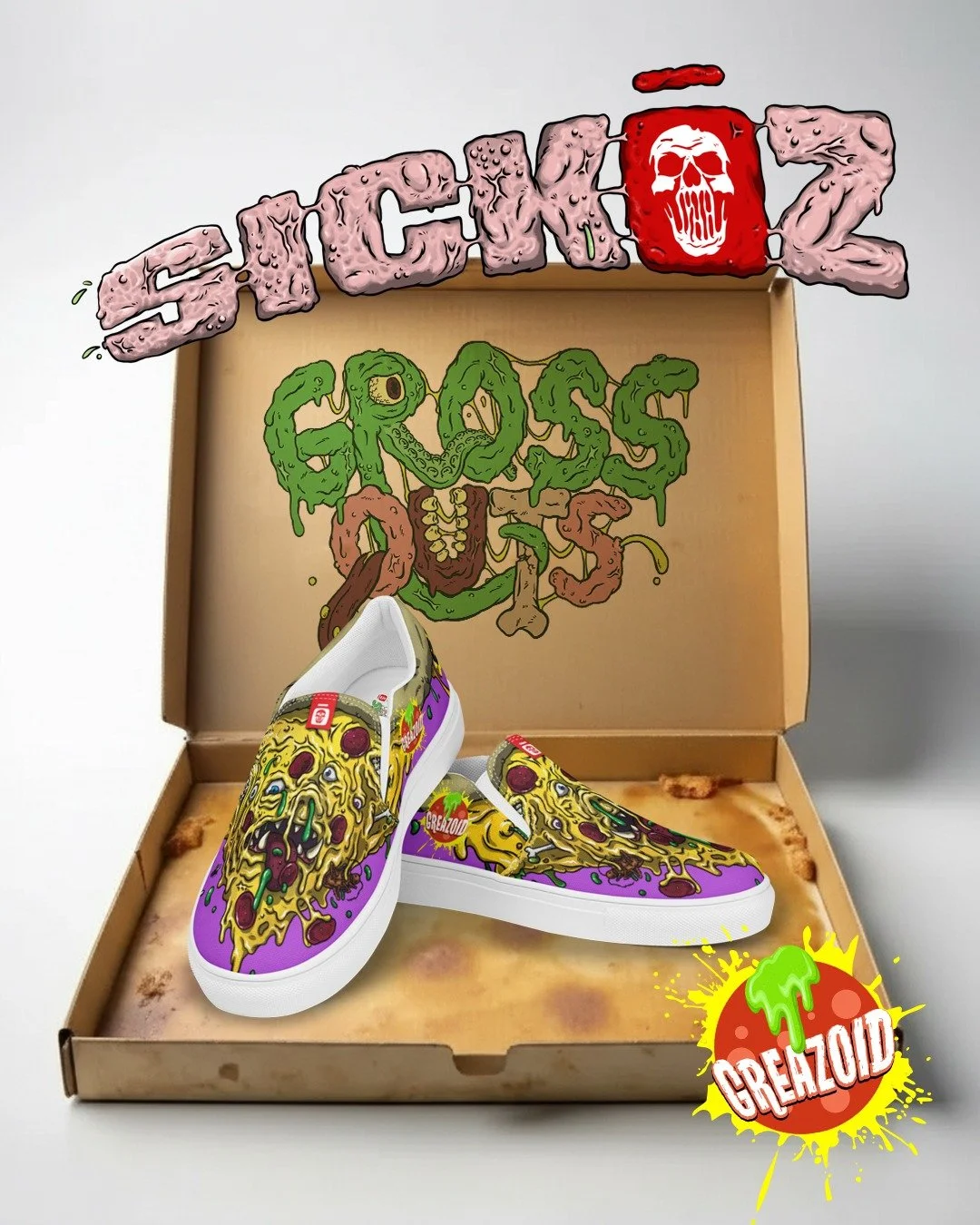 (Swipe for more) NEW SHOE ALERT! GREAZOID! While we anxiously await the reveal of S2, this disgusting, greasy, moldy slice of pizza is ready to slime up your feet as a new addition to my Gross Outs series. Dr. Sicko went for a late night snack when t