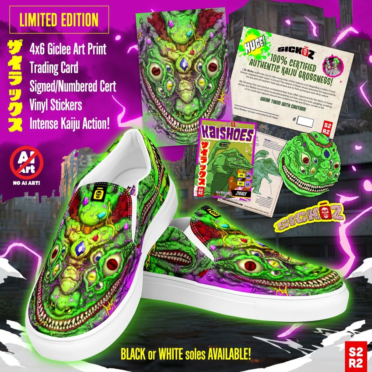 S2 KAISHOES Reveal! Swipe to see both releases! Zyraxx &amp; Khorvar are about to crash, smash &amp; SLIME their way onto your feet! Coming VERY soon. Each pair successfully embeds their Kaiju power gem into your feet. Comes with everything you see h