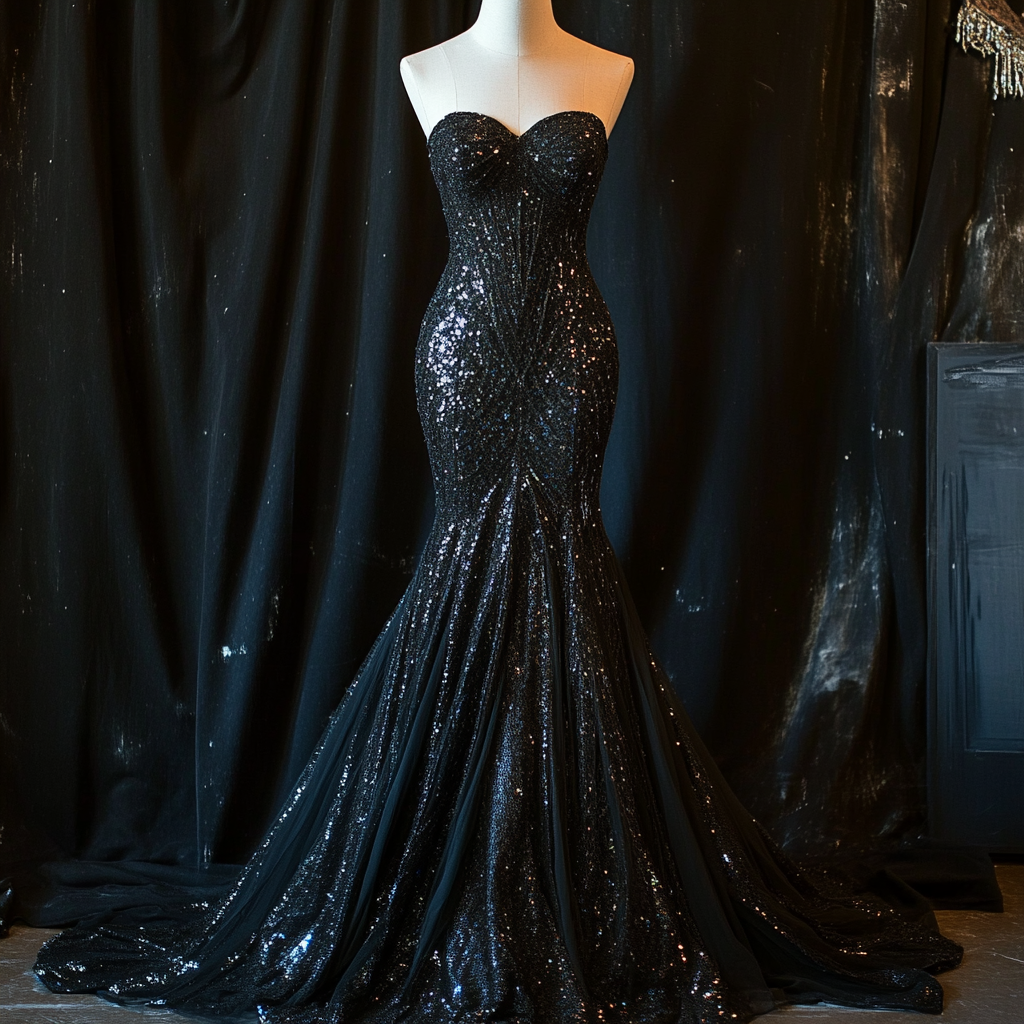 A strapless black evening gown with a mermaid silhouette, covered in sequins, displayed on a mannequin against a black backdrop.