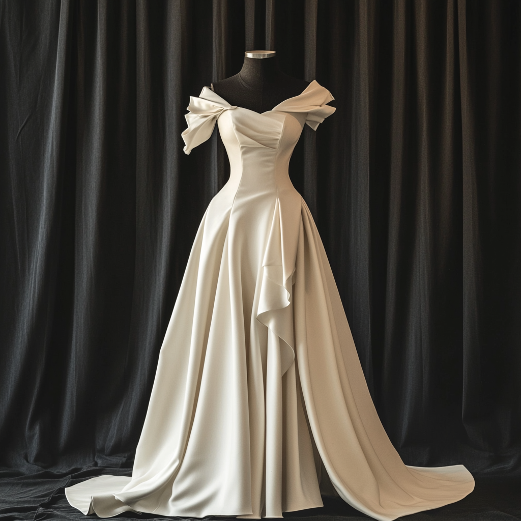 Elegant off-the-shoulder wedding gown displayed on a mannequin against a black curtain background.