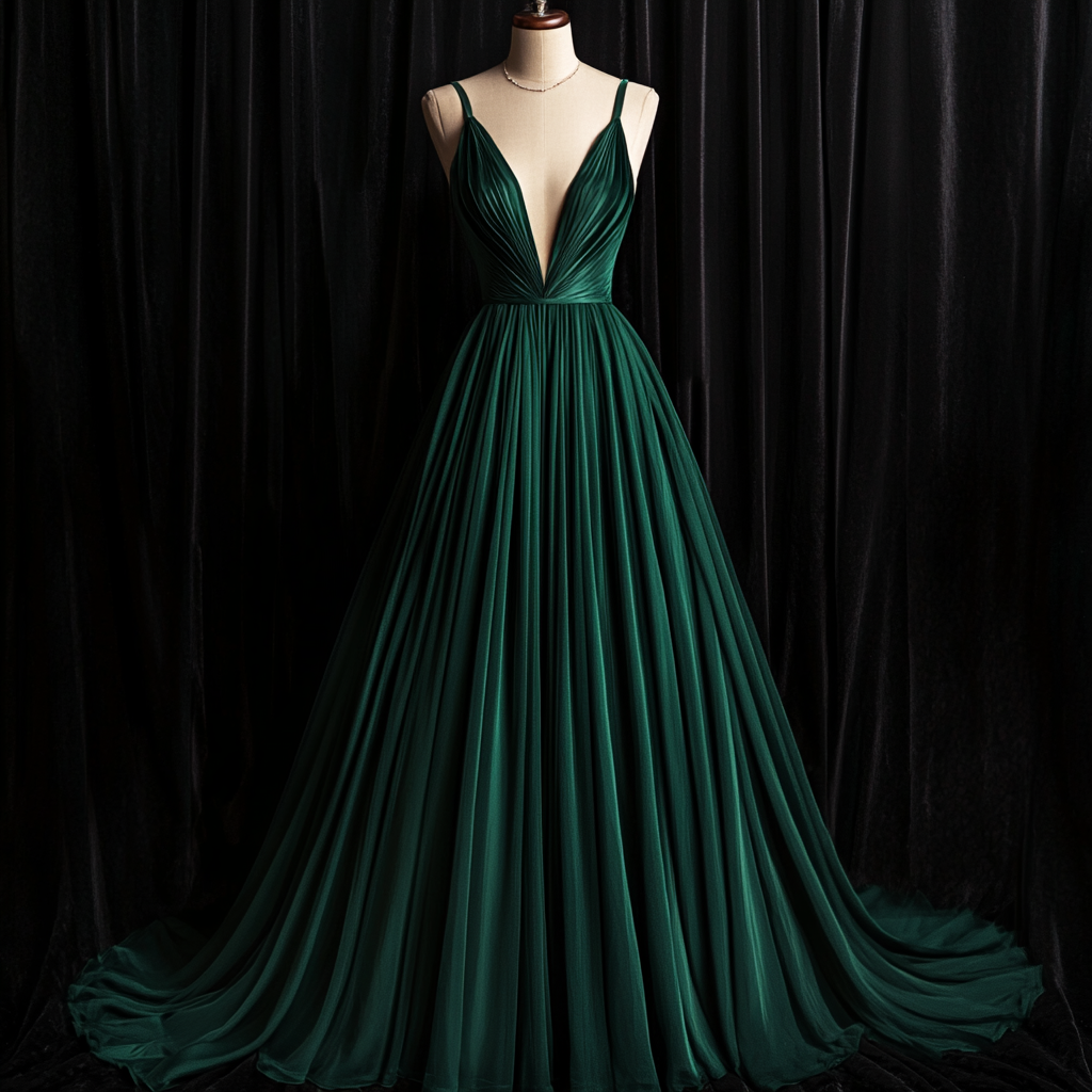 Elegant emerald green, pleated evening gown with a deep V-neck and spaghetti straps on a mannequin.