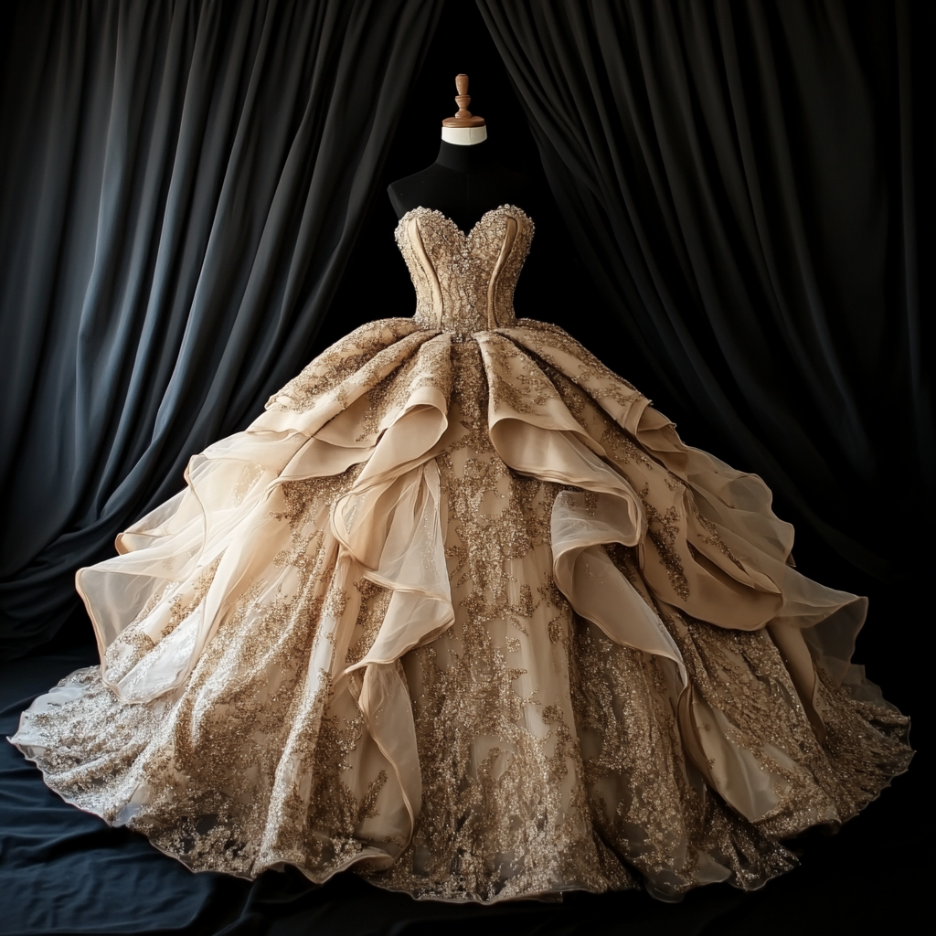 Elegant wedding dress with a strapless sweetheart neckline, intricate beading, and layered ruffled skirt displayed on a mannequin against black curtains.