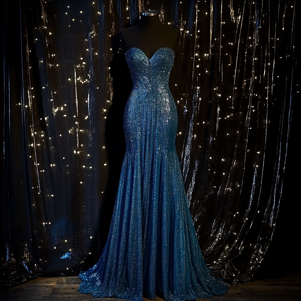 Blue, strapless, floor-length evening gown with sparkling embellishments, displayed on a mannequin against a black curtain backdrop with small twinkling lights.