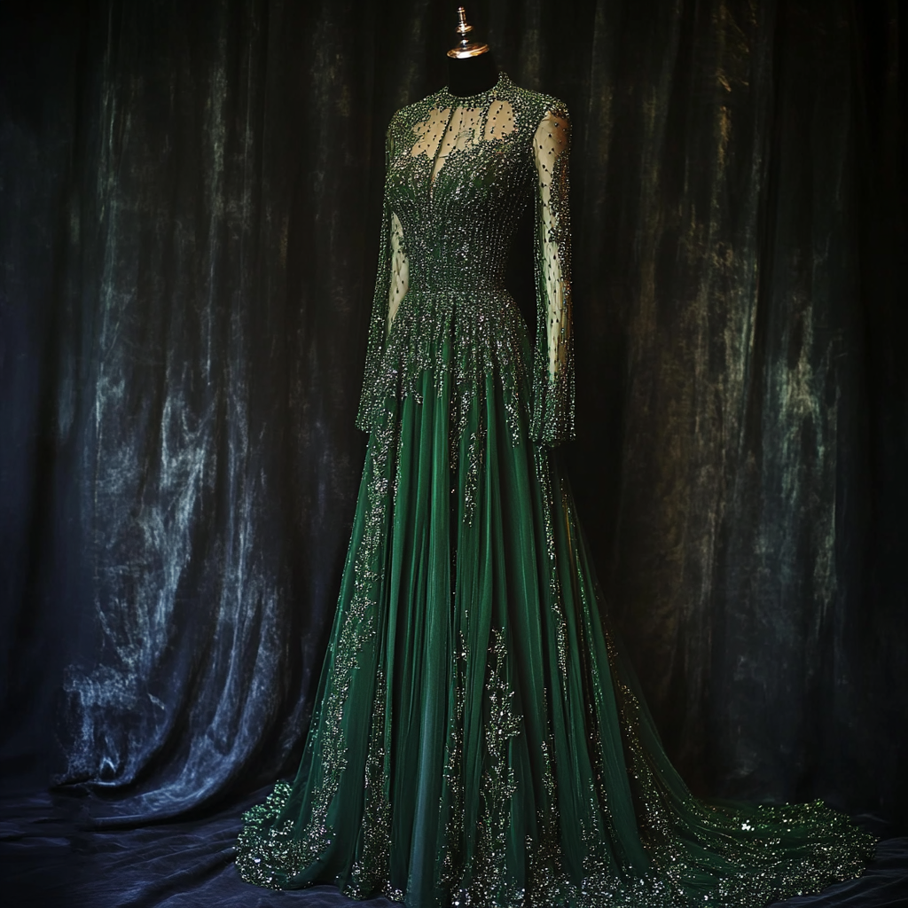 Green evening gown on a mannequin with intricate beadwork and embellishments, set against a dark backdrop.