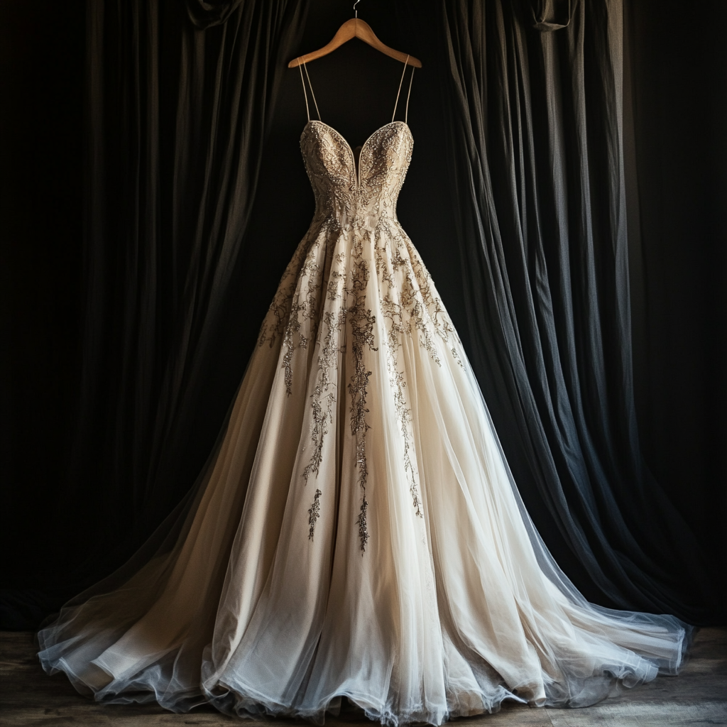 A luxurious wedding dress with intricate gold embroidery, hanging on a wooden hanger against black curtains.