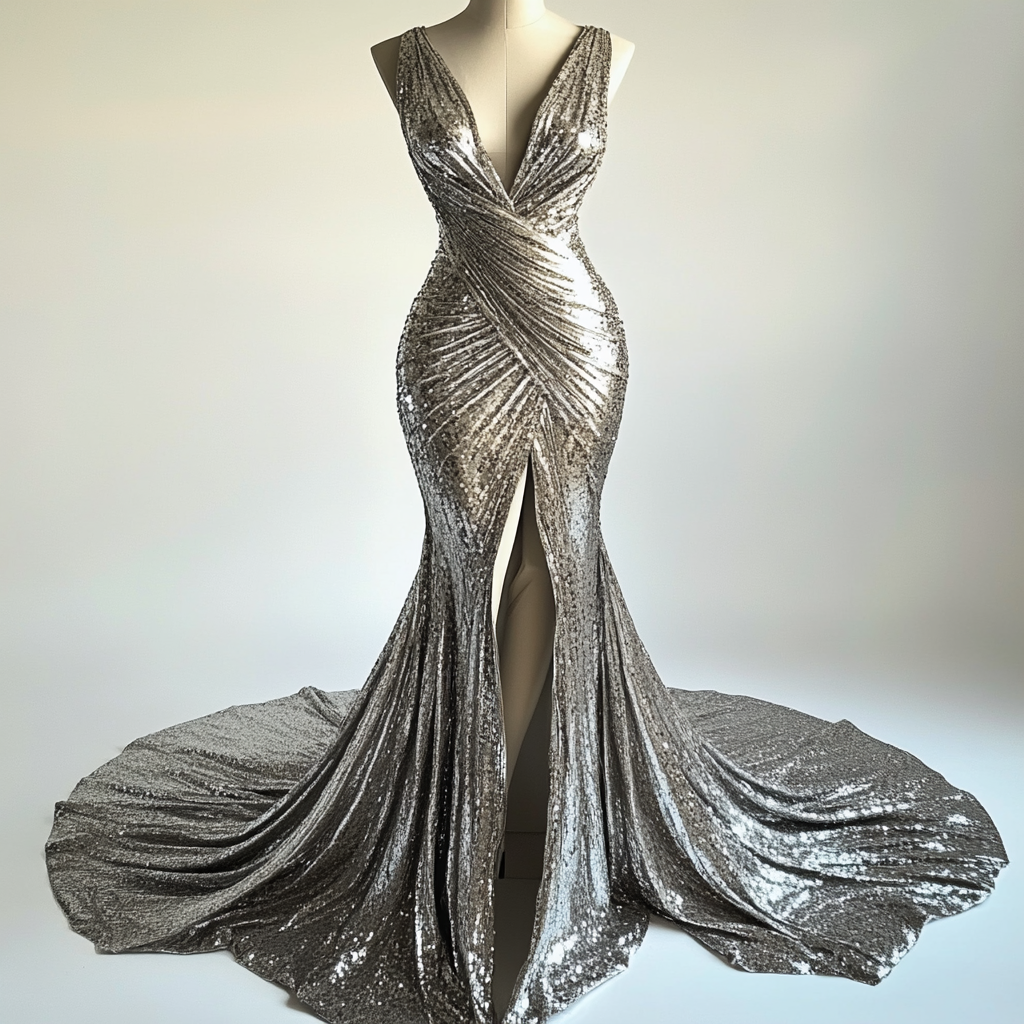 A silver, sequined evening gown with a deep V-neck, fitted bodice, and a dramatic train with a high slit, displayed on a dress form against a plain background.