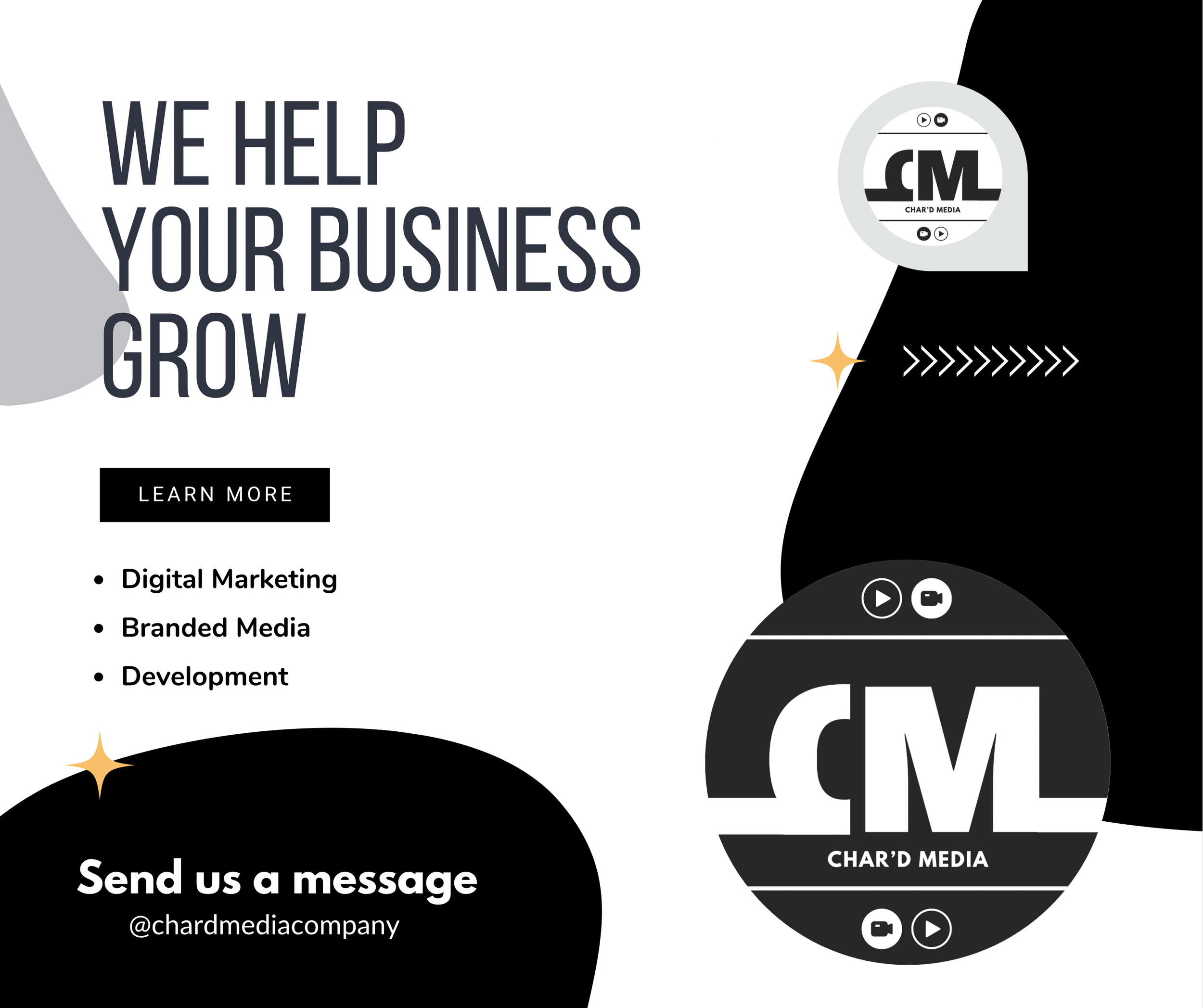 Digital marketing services advertisement featuring the company Char'd Media, highlighting help for business growth with options such as digital marketing, branded media, and development. The ad includes a 'Learn More' button, social media icons, and a call to send a message to @chardmediacompany.
