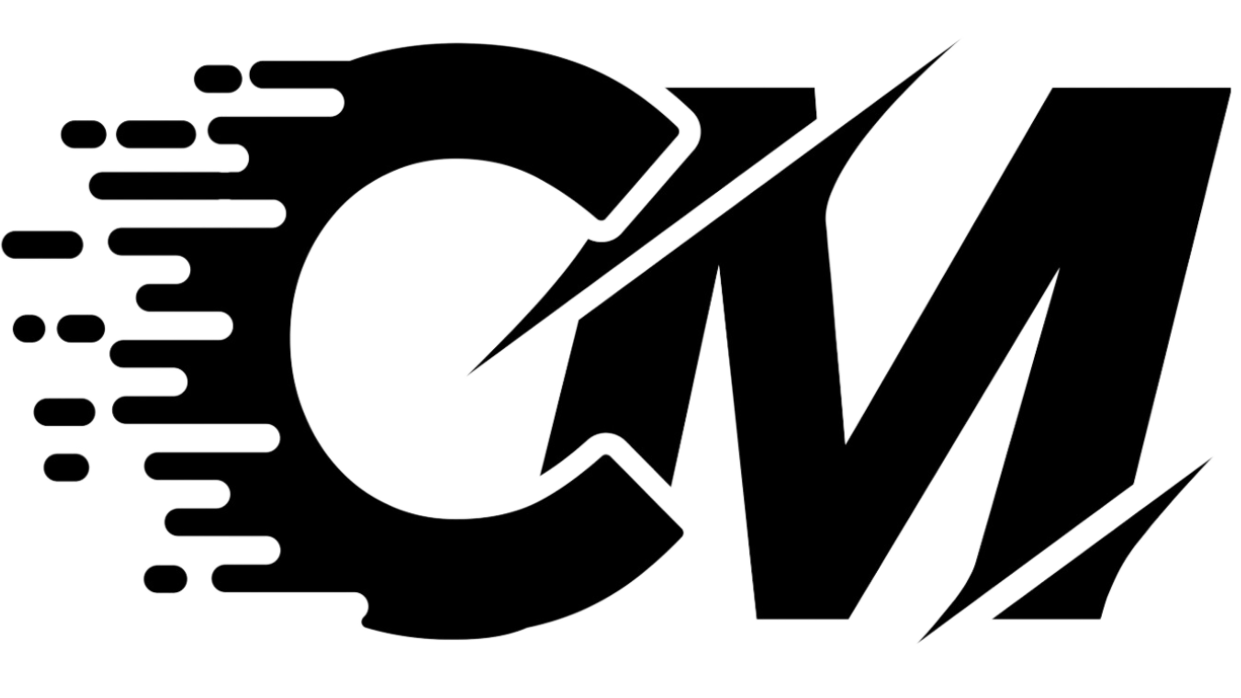 Black and white graphic of the text 'CM' with stylized design elements, including horizontal lines and sharp angles.