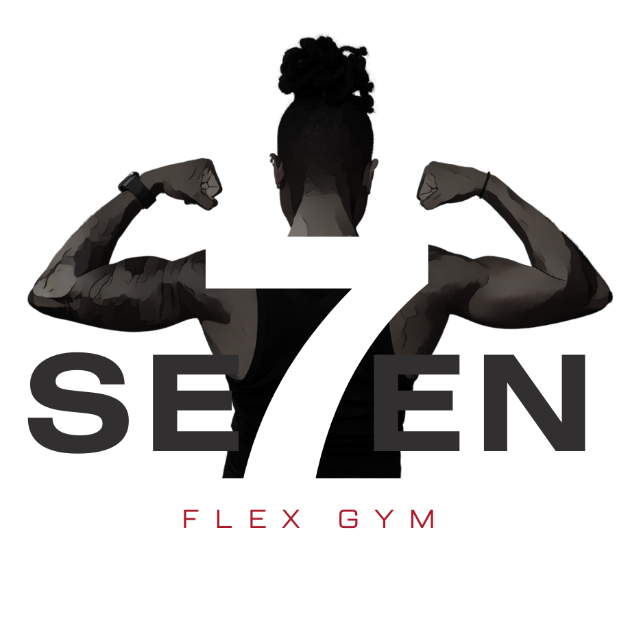 Back view of a woman flexing her biceps, with the number 7 overlayed and the words 'SEVEN FLEX GYM' underneath.
