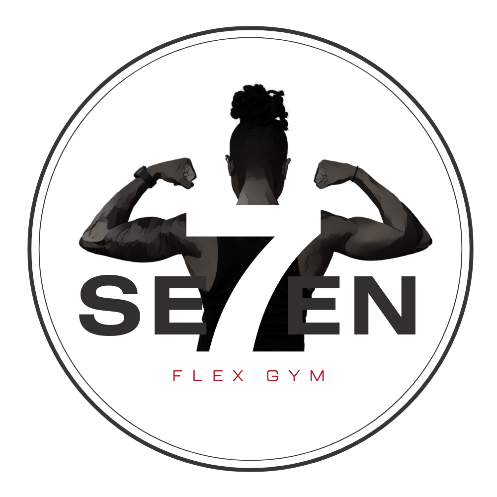 Logo for Seven Flex Gym featuring a muscular woman with braids flexing her biceps, with the number 7 integrated into the design and the text 'SEVEN' and 'FLEX GYM' displayed.