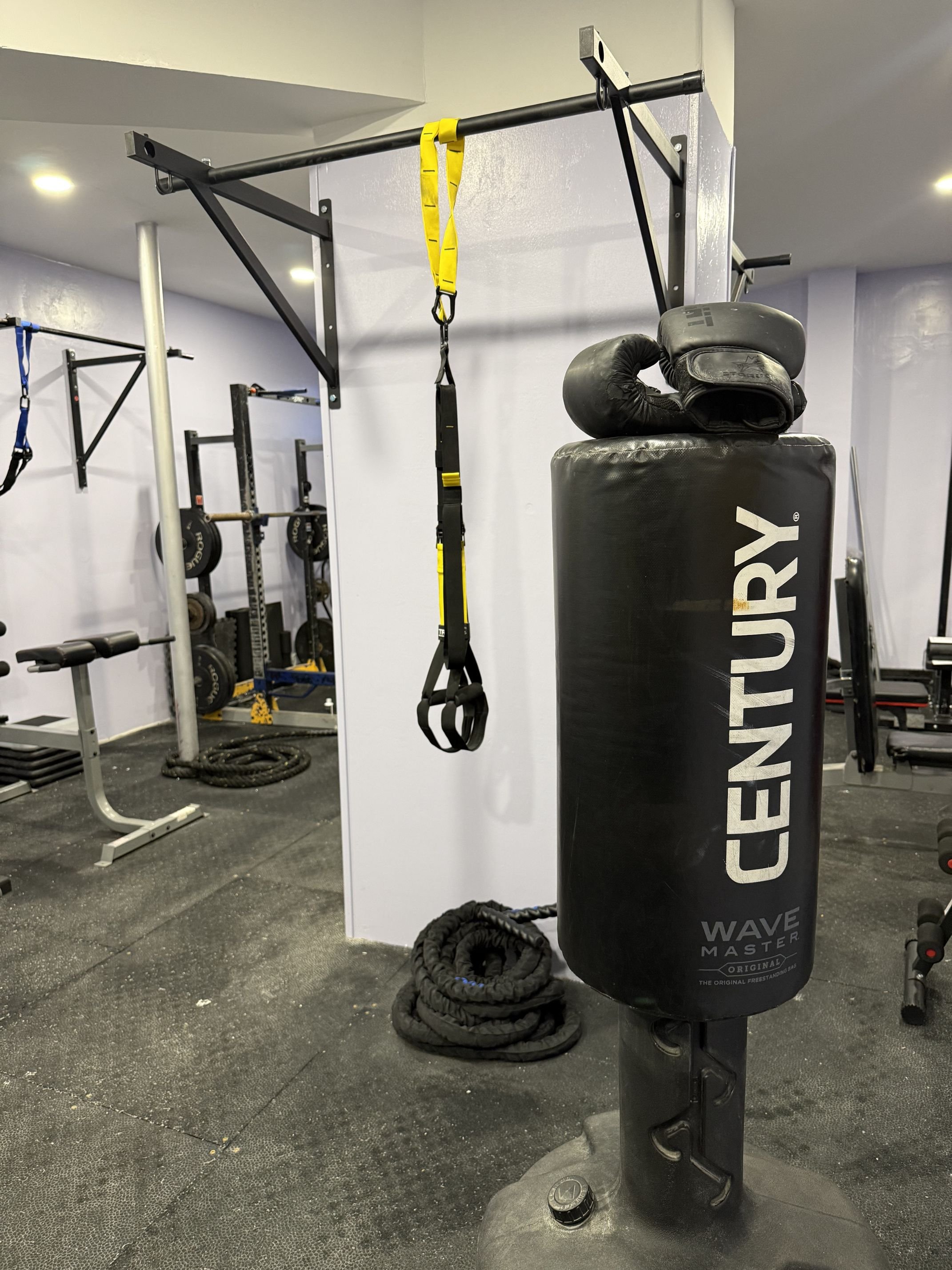 Gym with a Black Centering Punching bag, boxing gloves, and training equipment including pull-up bars, weight plates, and ropes.