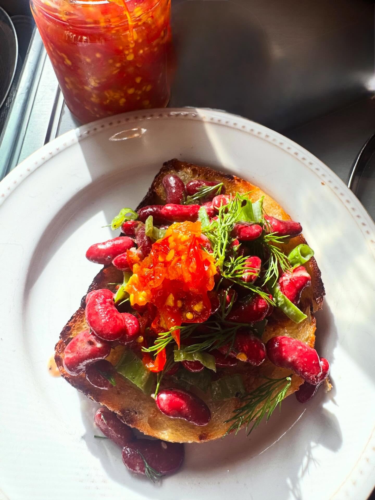 Elevating any lunch, most certainly &ldquo;what&rsquo;s in the fridge?&rdquo; toast. Sourdough, simple bean salad, Dijon vin, green onion, dill + @fire_season_goods red Fresno ✨✨✨