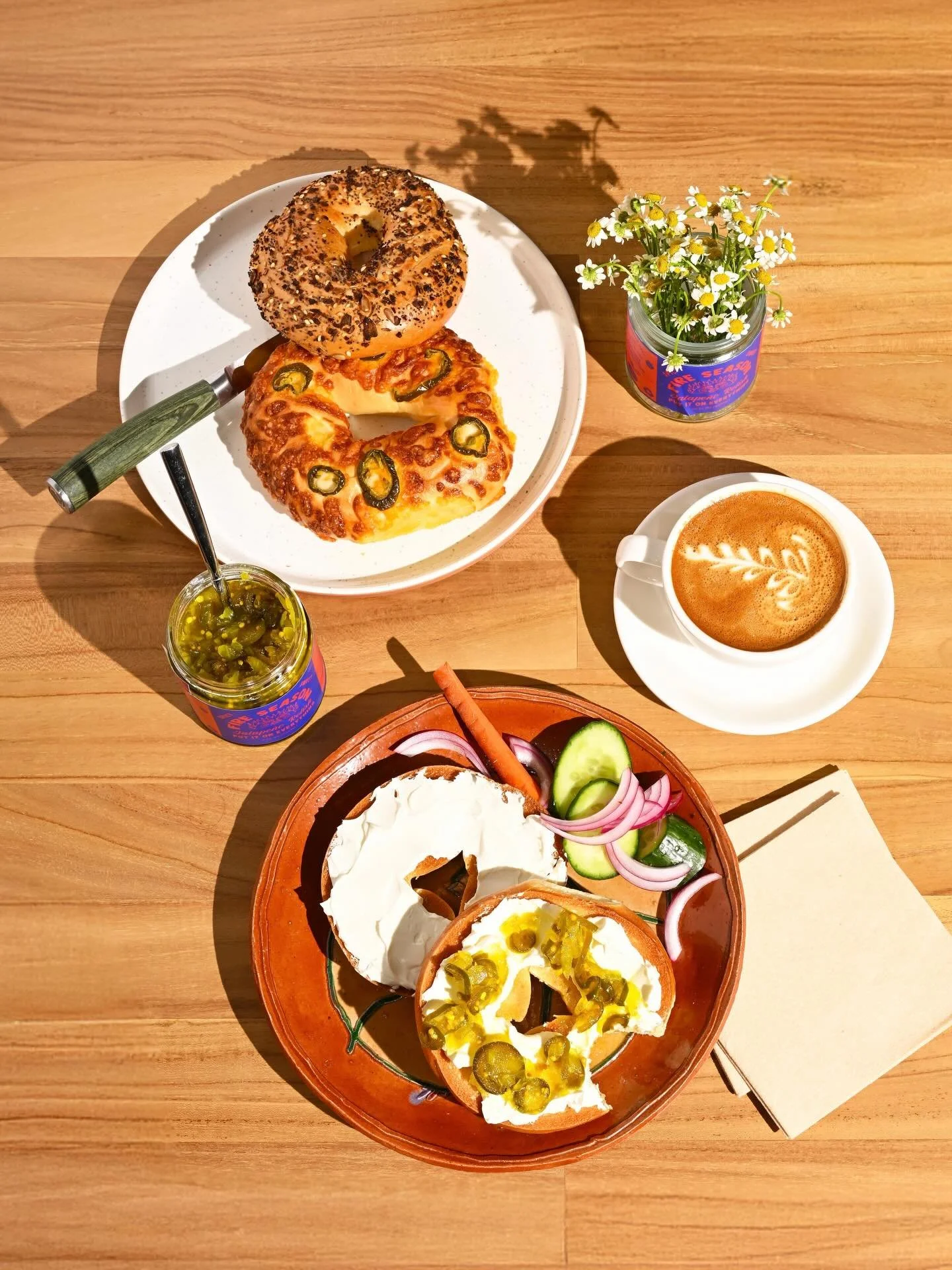 Good morning ✨ we love you ✨ bagels &amp; cream cheese &amp; @fire_season_goods jalape&ntilde;o relish forever 🥯 

Not only are weekend bagels a tradition in our house, those of you who&rsquo;ve met us at a demo know&mdash;we always offer to sample 